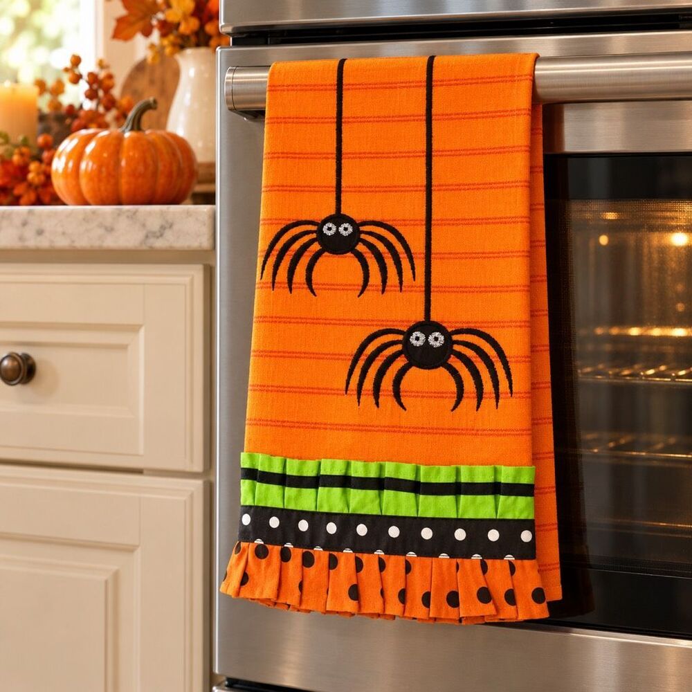 Orange Halloween Spider Tea Towel Pier 1 Ruffle Polka Dot Kitchen Decor